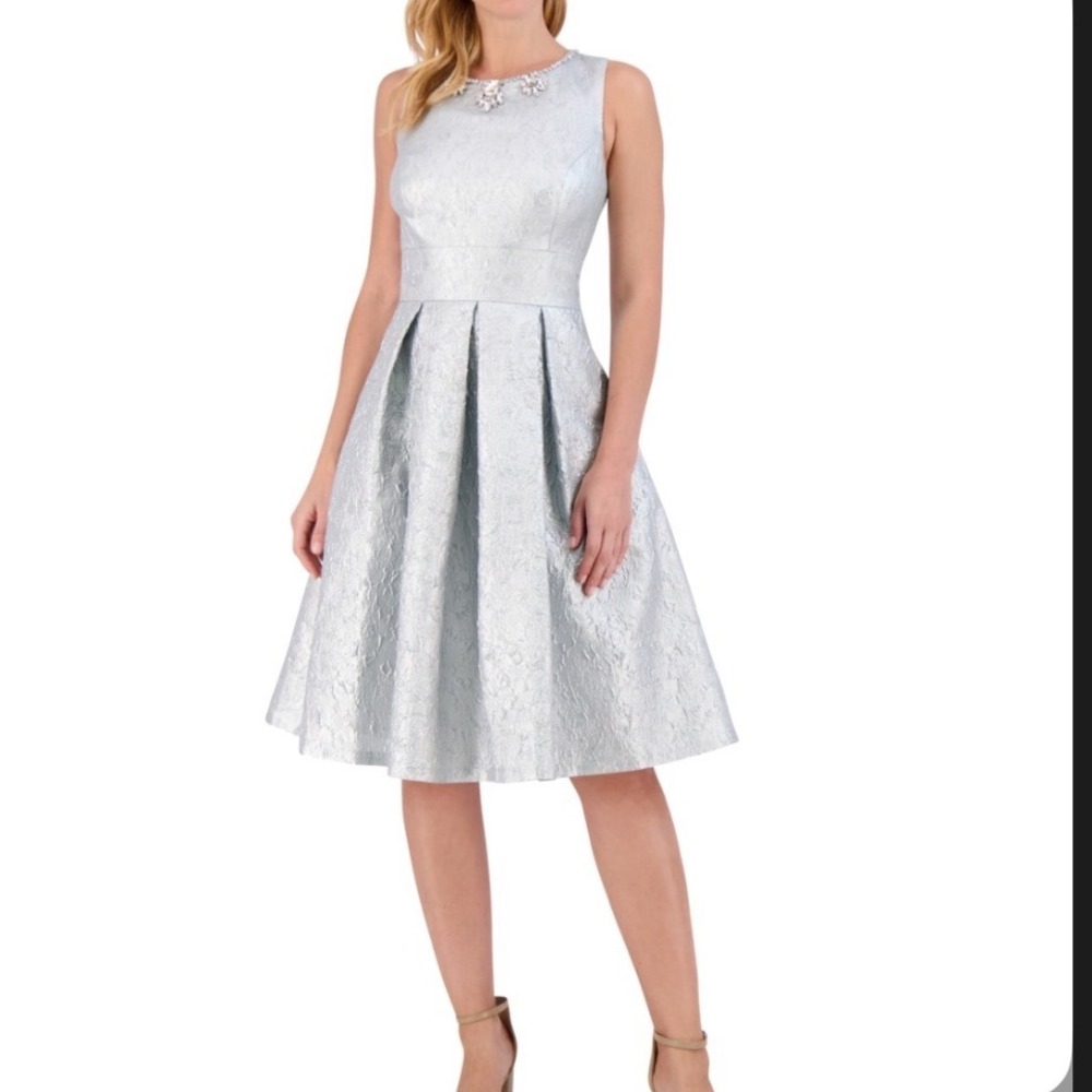 Eliza J Fit & Flare Dress Women 8 Silver NWT Embellished Jacquard Pockets $228